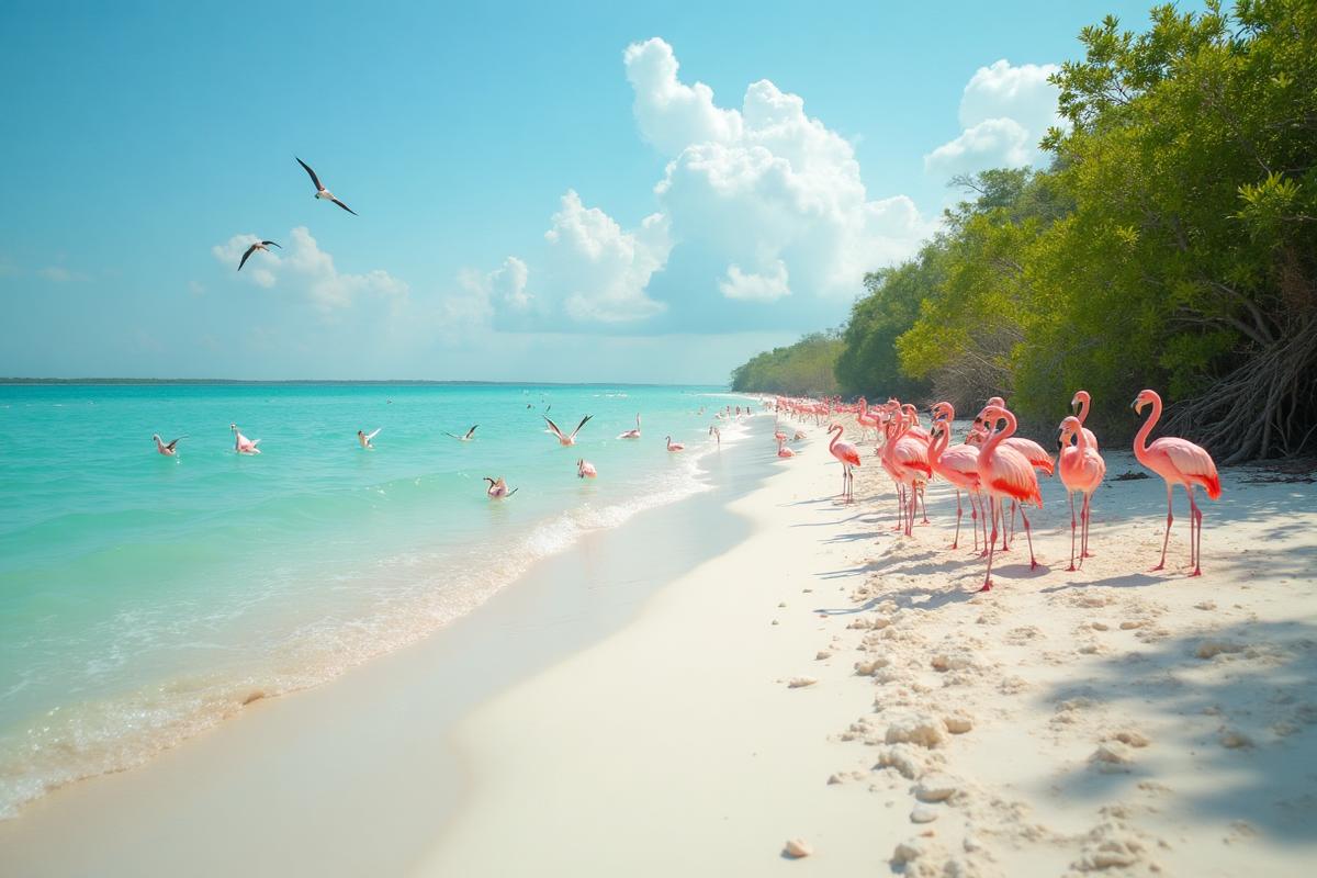 Flamencos rosados en la playa de Celestún