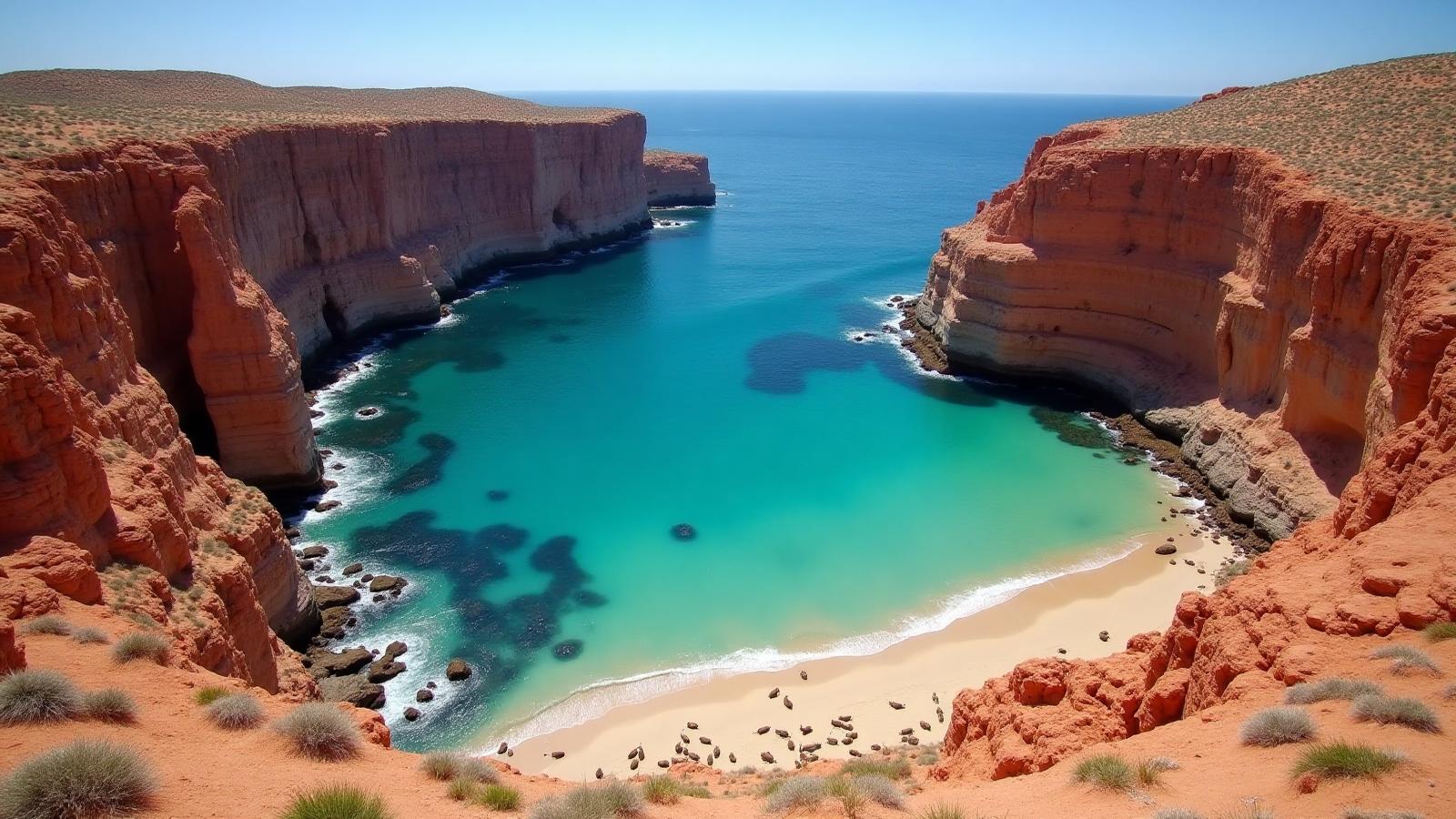 Isla Espíritu Santo dramatic red rock cliffs meeting turquoise Sea of Cortez