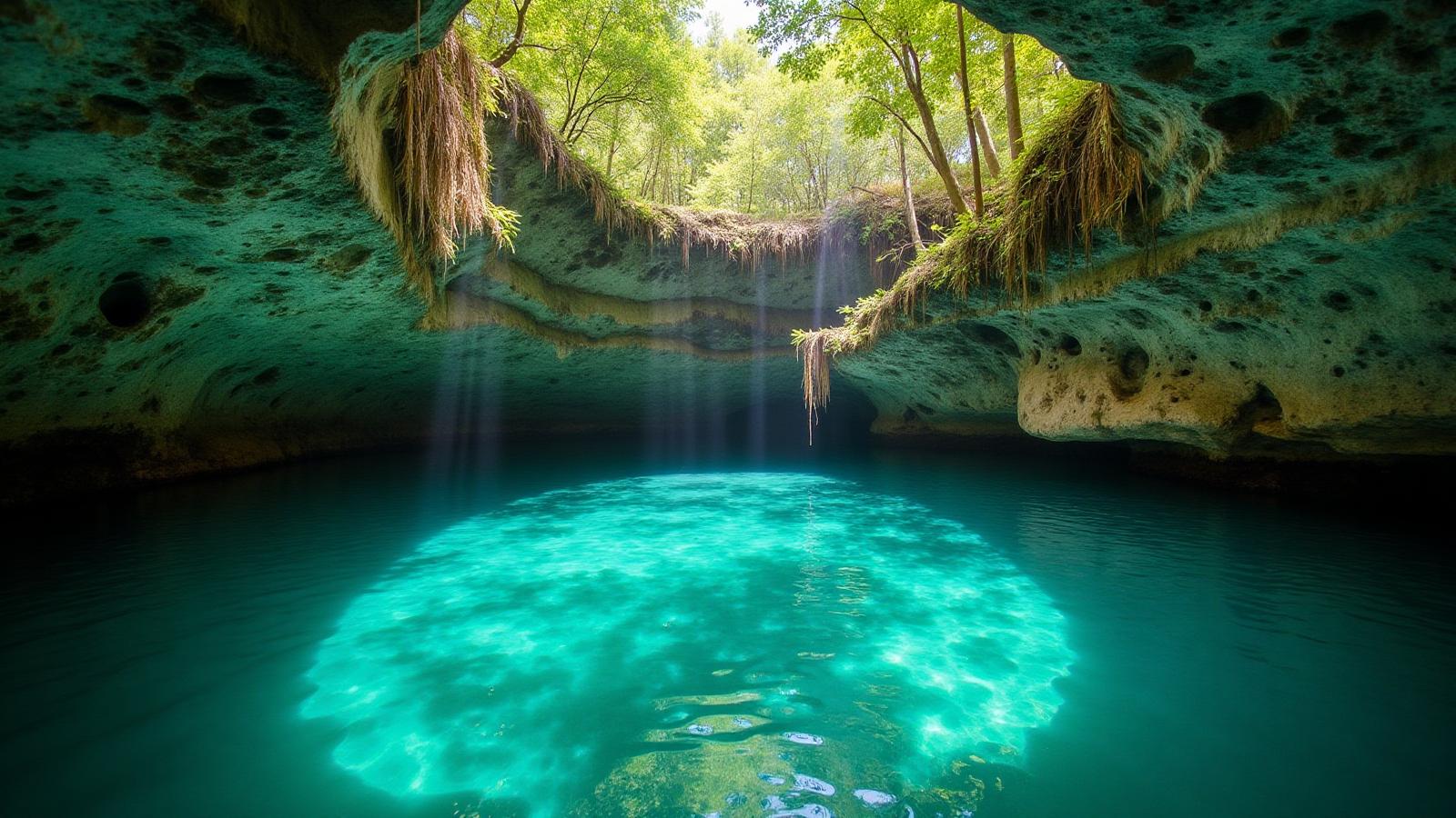 Pristine cenote surrounded by tropical jungle in Riviera Maya with crystal clear waters