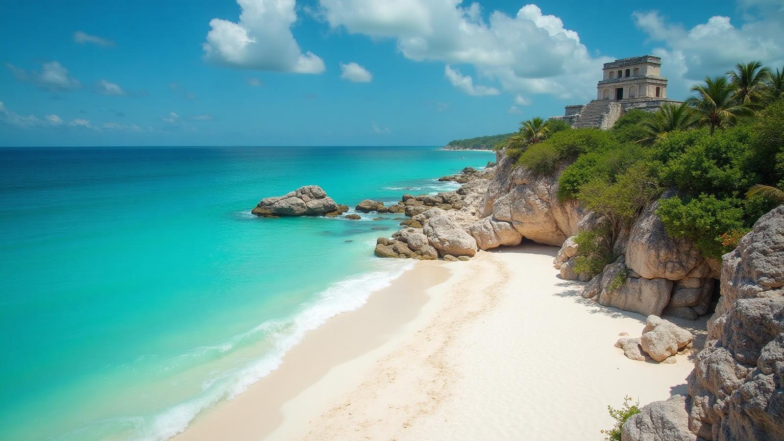 Tulum beach paradise with white sand and turquoise Caribbean waters with Mayan ruins