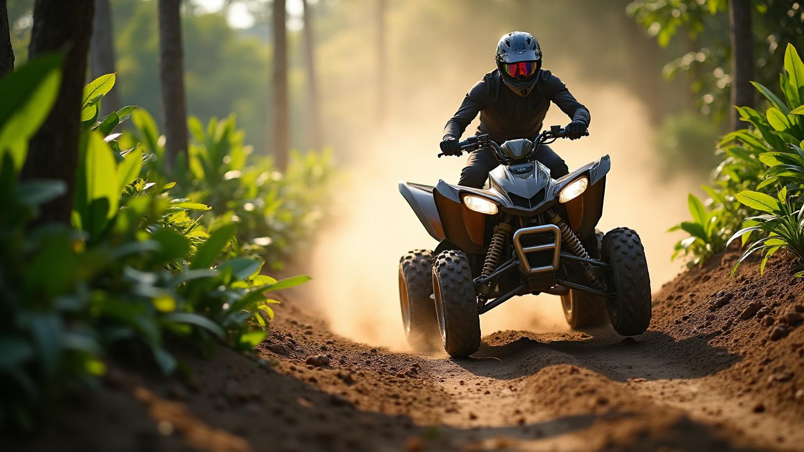 Single ATV rider jumping over obstacle in Yucatan jungle with dramatic action shot