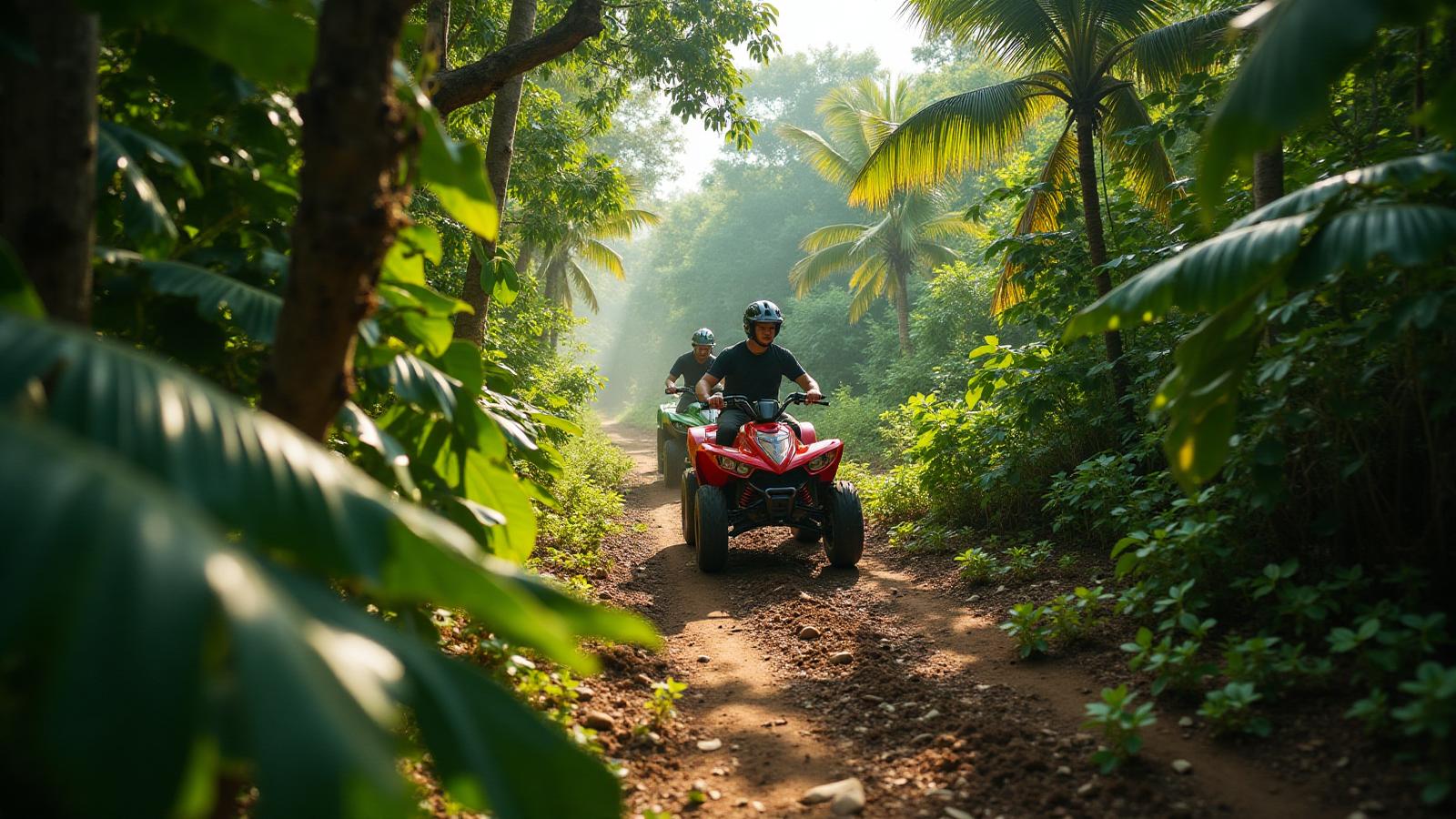 ATV riders navigating through dense Yucatan jungle paths with tropical vegetation