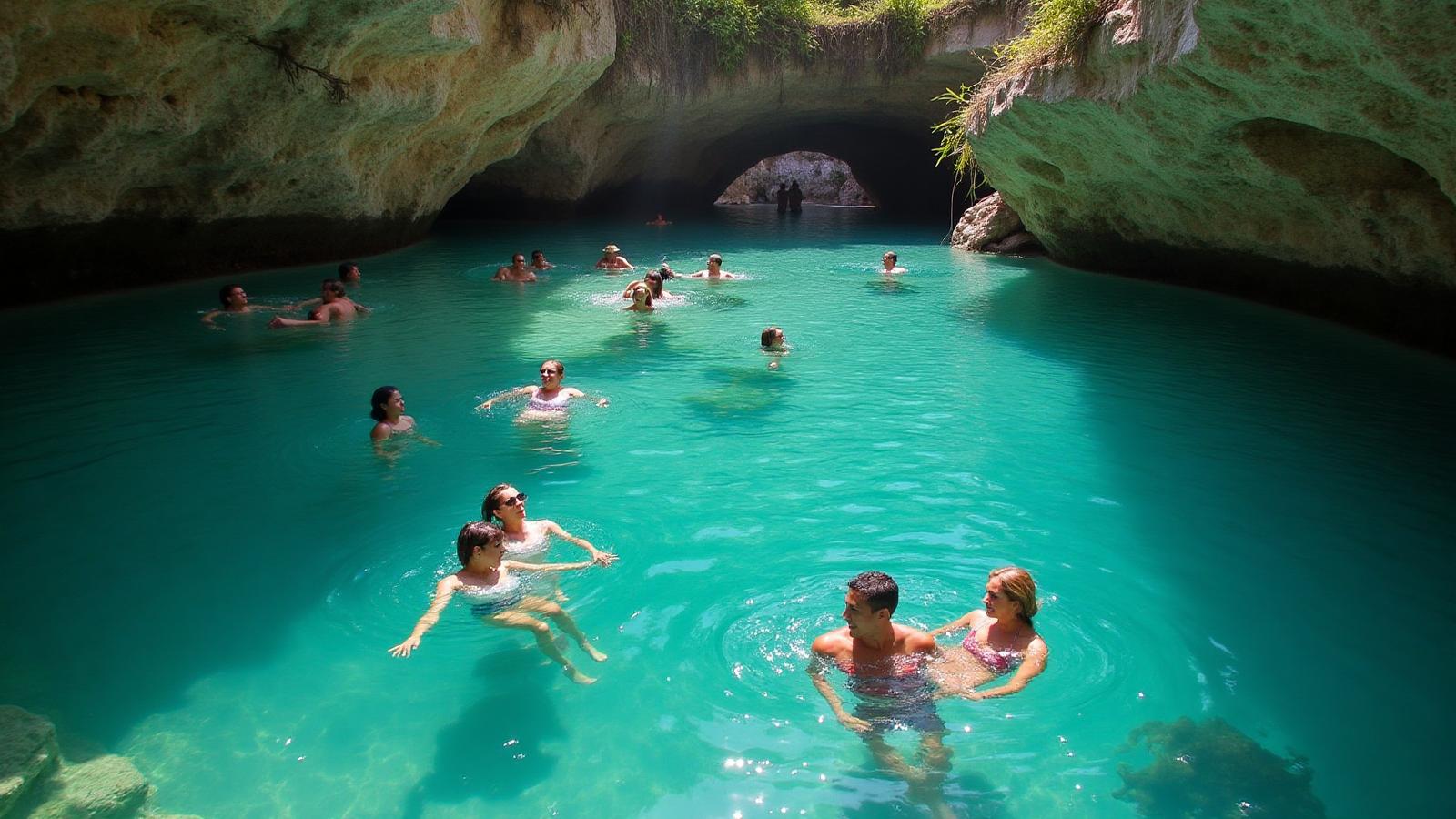 Crystal clear cenote with people swimming after ATV tour in natural limestone cave