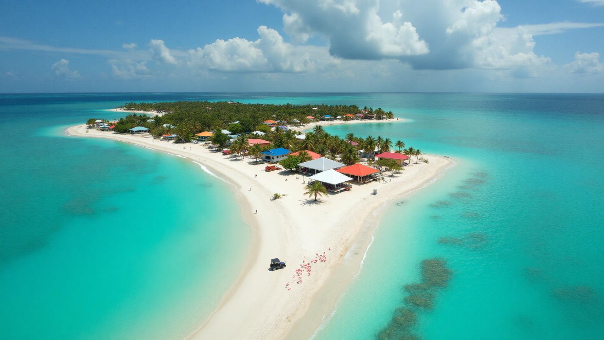 Aerial view of Isla Holbox showing turquoise waters and colorful houses