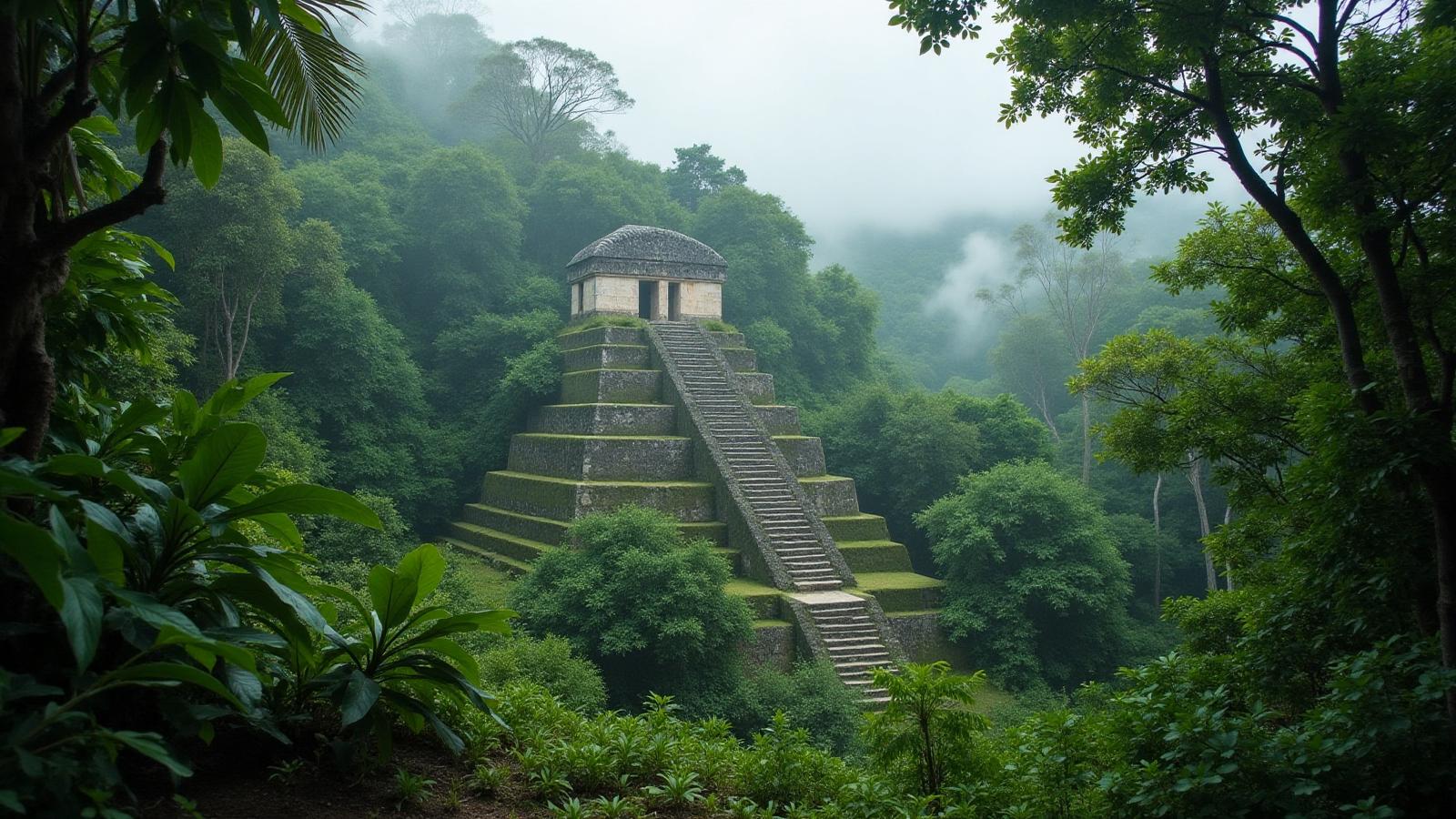 Dense Riviera Maya jungle with ancient Mayan ruins hidden among tropical vegetation