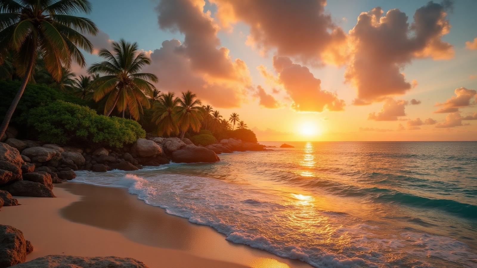 Sunset view of Tulum coastline with palm trees and pristine beach at golden hour